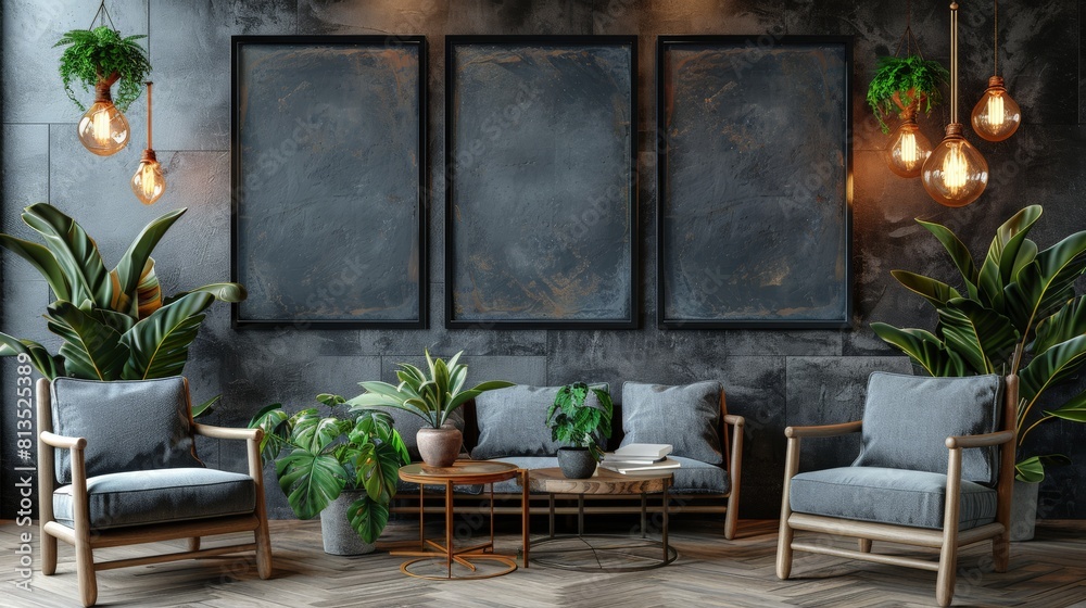 Fototapeta premium A wall of blocks with a blank canvas layout showing the texture of the frames and details in a modern home environment. The room is decorated with minimalist elements such as wooden furniture, glass v