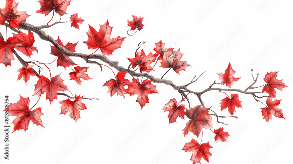 Red Maple Leaves Branch on White Background
