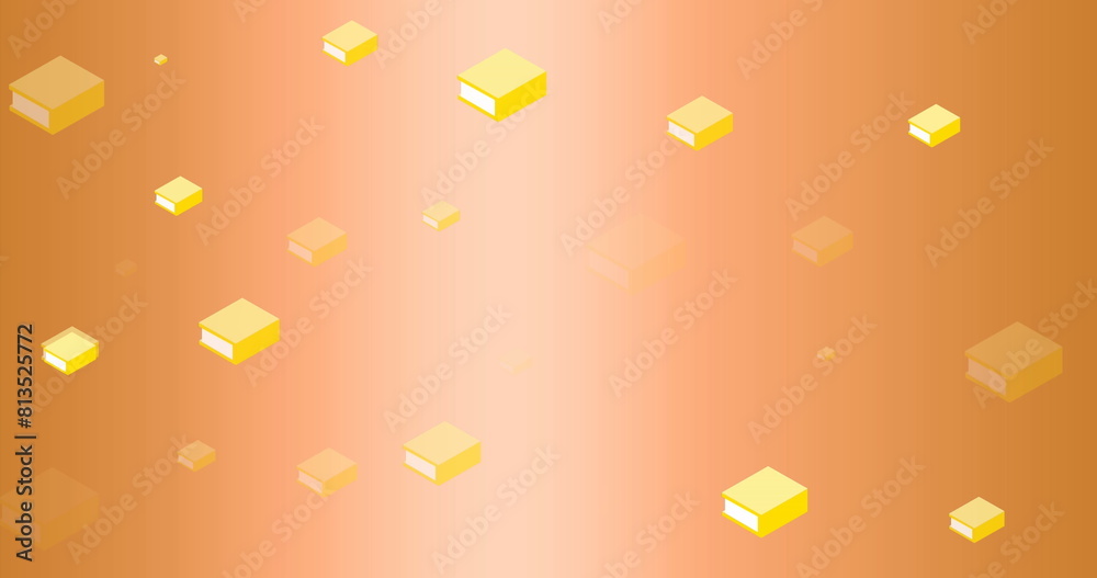 Fototapeta premium Image of multiple yellow book icons against copy space on orange gradient background
