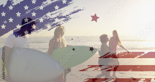 Image of flag of america over diverse friends walking with surfing walking towards ocean