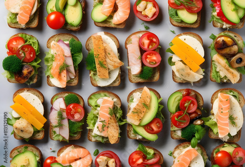 An assortment of open sandwiches on a light stone background