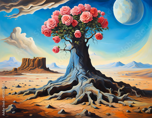 A tree with rose flowers in a desert photo