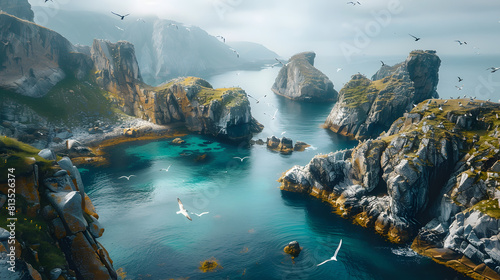 A photo featuring the rugged coastline of Norway dotted with remote islands and rocky outcrops. Highlighting the dramatic cliffs plunging into the sea and the clear blue waters lapping at the shore, w