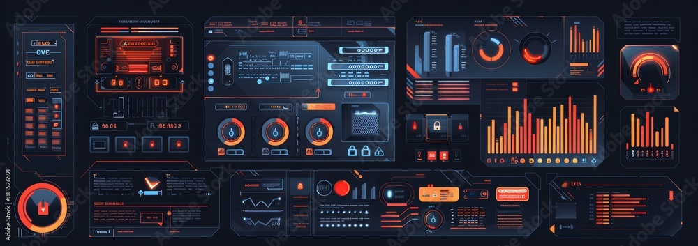Setup of a flatstyle firewall interface, top view, userfriendly security solutions, futuristic tone, Splitcomplementary color scheme Setup of a flatstyle firewall interface, top view, userfriendly security solutions, futuristic tone, Splitcomplementary color scheme