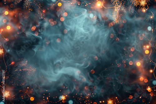 Beautiful fairy lights pattern with colorful smokes around the frame with blank center for background