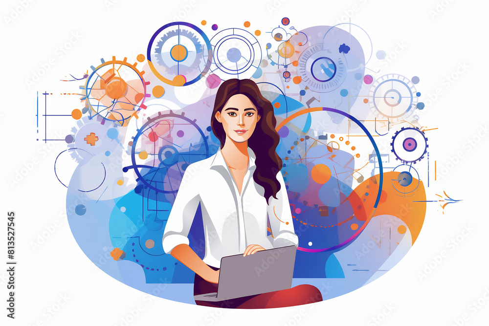Female Data Analyst with Abstract Technological Background Female Data Analyst with Abstract Technological Background