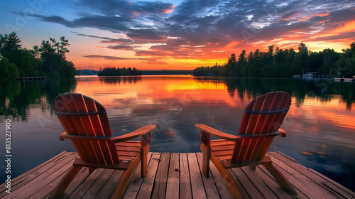 Two Wooden Chairs on Dock Overlooking Lake at Sunset