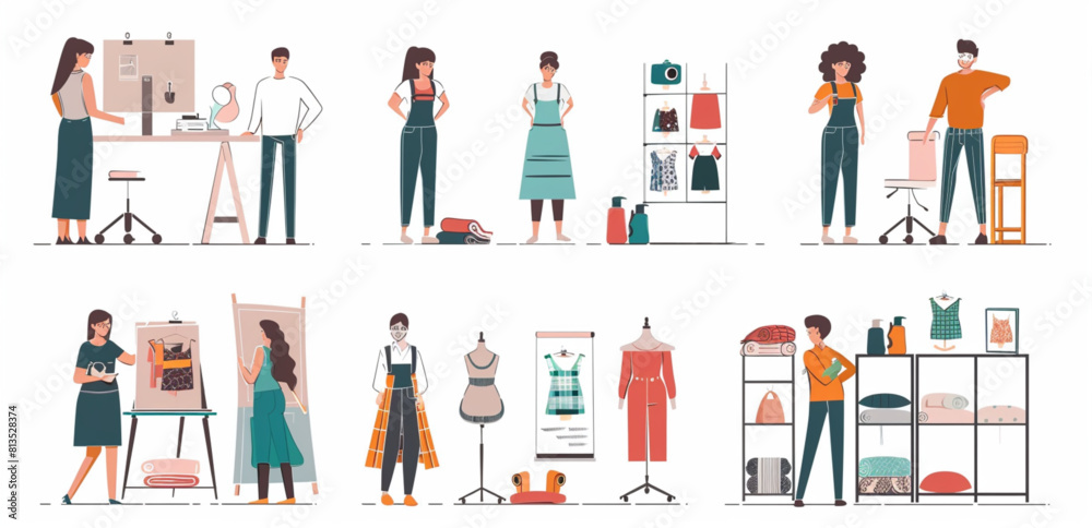 
A set of people working in a fashion design studio. The illustration is in a vector, flat icon style with a white background and simple shapes.