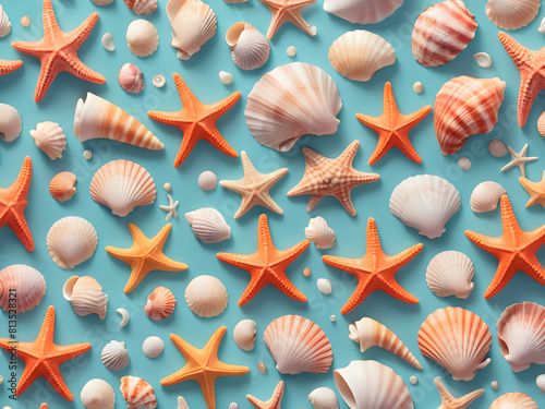Summer Themed seashell and starfish patterned beach background  Generative AI