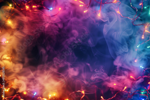 Beautiful fairy lights pattern with colorful smokes around the frame with blank center for background