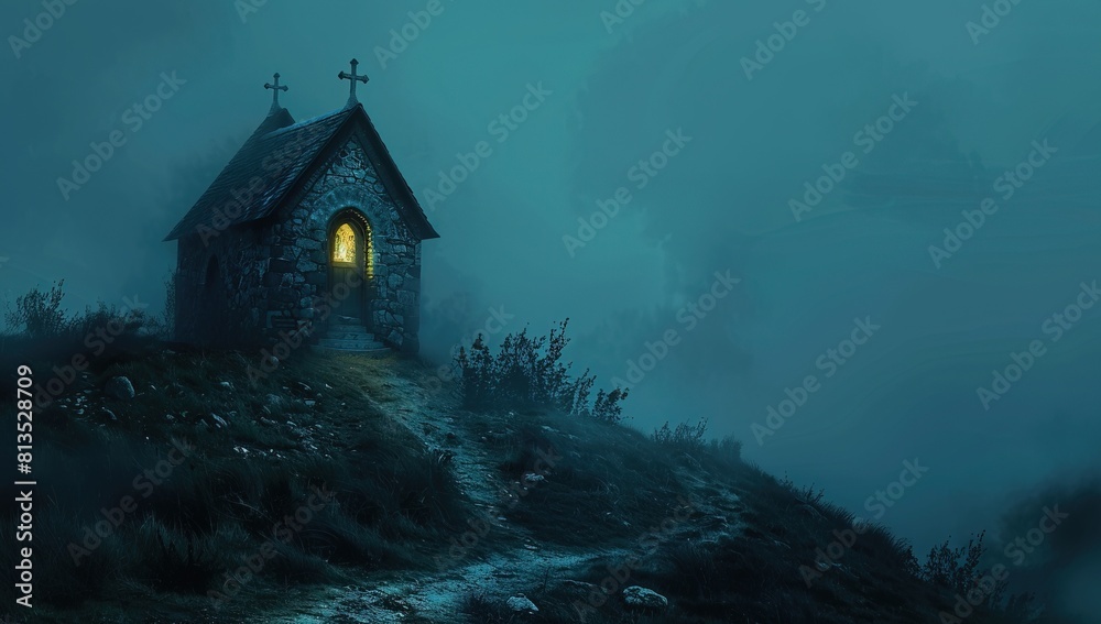 A small, ancient stone chapel on the top of an English hillside under dark clouds during twilight. A small, ancient stone chapel on the top of an English hillside under dark clouds during twilight.