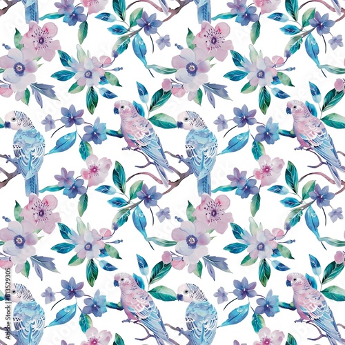 Forget me not a pink flower  parrot gay white Watercolor leaves summer vintage fashion fabric pattern seamless textile background