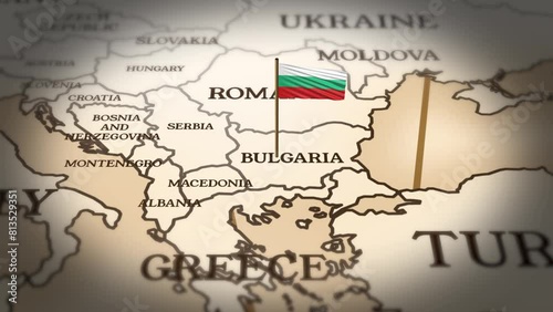 Bulgaria flag showing on world map with 3d rendering photo