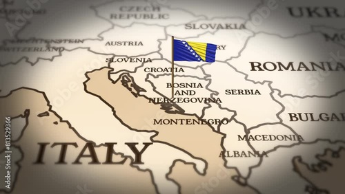 Bosnia and Herzegovina flag showing on world map with 3d rendering photo