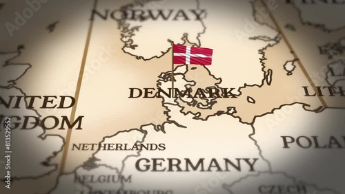 Denmark flag showing on world map with 3d rendering photo