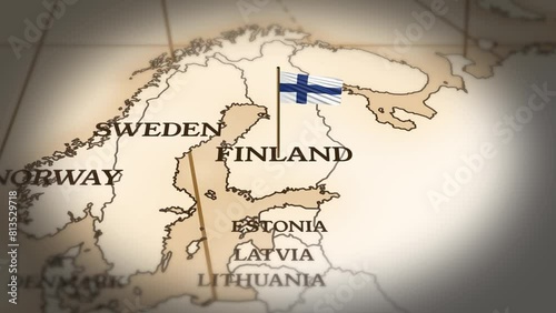 Finland flag showing on world map with 3d rendering photo