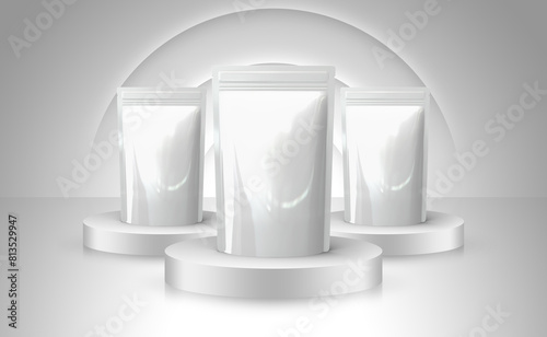 3D illustration of food pouch packaging mockup with embossed background.