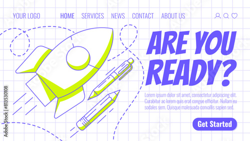 Rocket launch, school supplies, pen and pencil. Back to school, education, learning concept. Vector modern template for web, banner, poster, landing page, website. Checkered background