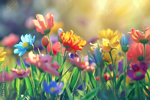 3d Animation cartoon happy spring flowers smiling Animated background colorful spring flowers Colorful summer garden with sunlight shining 