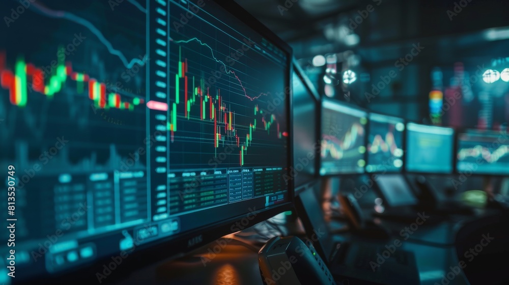 A sophisticated trading setup with multiple monitors displaying colorful stock market charts, graphs, and trading data in a dark room A sophisticated trading setup with multiple monitors displaying colorful stock market charts, graphs, and trading data in a dark room