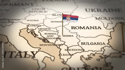 Serbia flag showing on world map with 3d rendering photo