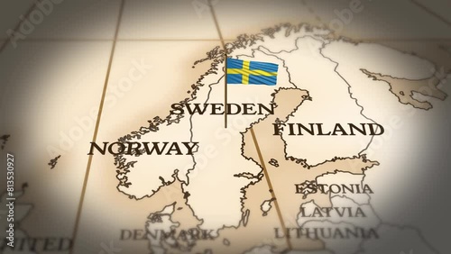 Sweden flag showing on world map with 3d rendering photo