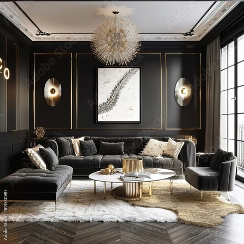 Wallpaper Mural Art deco style interior design of modern living room with black wall and golden decor pieces Torontodigital.ca