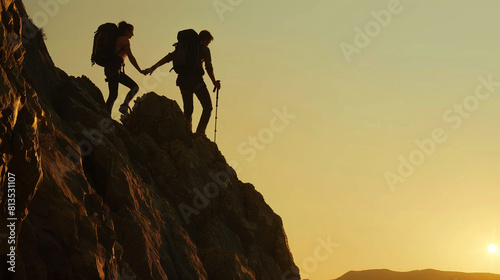 Two People Standing on Top of a Mountain Holding Hands