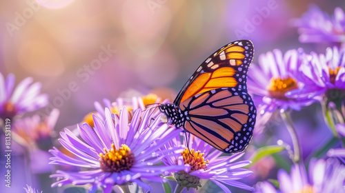Monarch Butterfly Resting on Purple Flowers