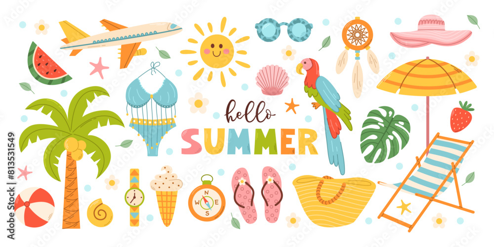 Set cute summer beach elements. Vacation accessories for sea holidays. Cartoon vector illustration