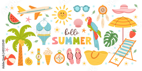Set cute summer beach elements. Vacation accessories for sea holidays. Cartoon vector illustration