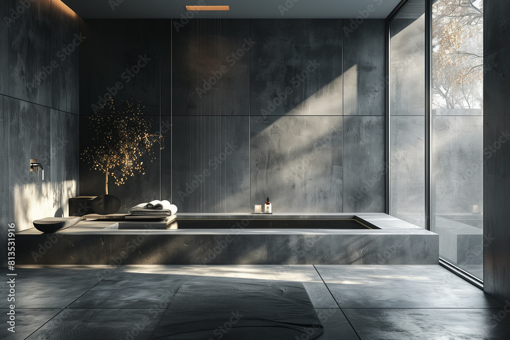 Minimalist Bathroom with Hidden Storage in Deep Blacks, Enhanced by