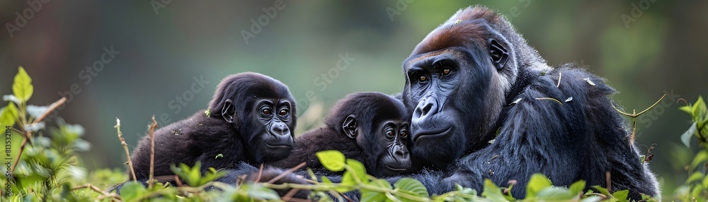 Watchful Silverback Patriarch Overseeing Peaceful Gorilla Family in Natural Habitat Watchful Silverback Patriarch Overseeing Peaceful Gorilla Family in Natural Habitat