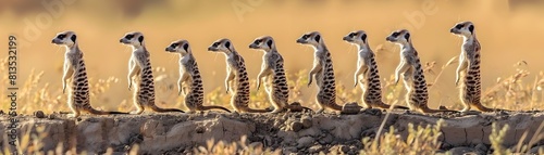 A Clan of Meerkats Diligently Foraging and Keeping Watch in the Savanna Grasslands