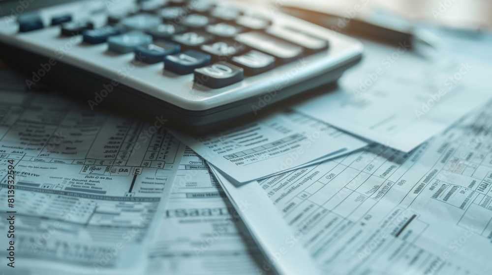 A calculator rests on top of various financial documents, suggesting business accounting, tax preparation, or budget planning activities A calculator rests on top of various financial documents, suggesting business accounting, tax preparation, or budget planning activities
