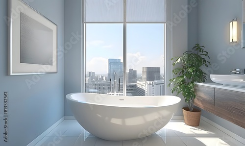 A modern bathroom with a white bathtub  framed poster on the wall  and a large window with city view 