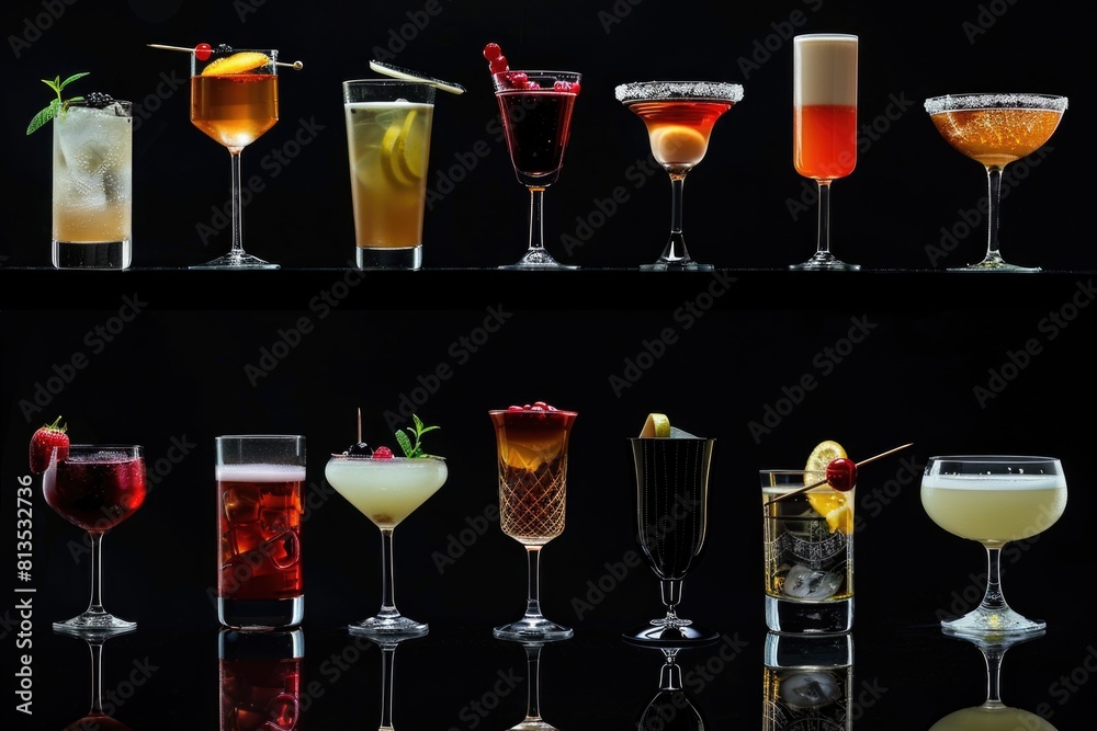 A selection of colorful cocktails displayed on a shelf. Ideal for bar menus or party invitations A selection of colorful cocktails displayed on a shelf. Ideal for bar menus or party invitations