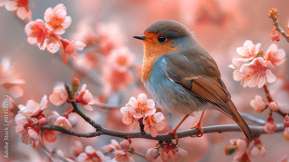 A Cute Bird Posing in Spring Flowers,
Photo of a yellow finch sitting on a branch of a light purple plum blossom tree
