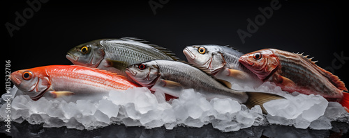 Fresh fish on ice, seafood, generated ai
