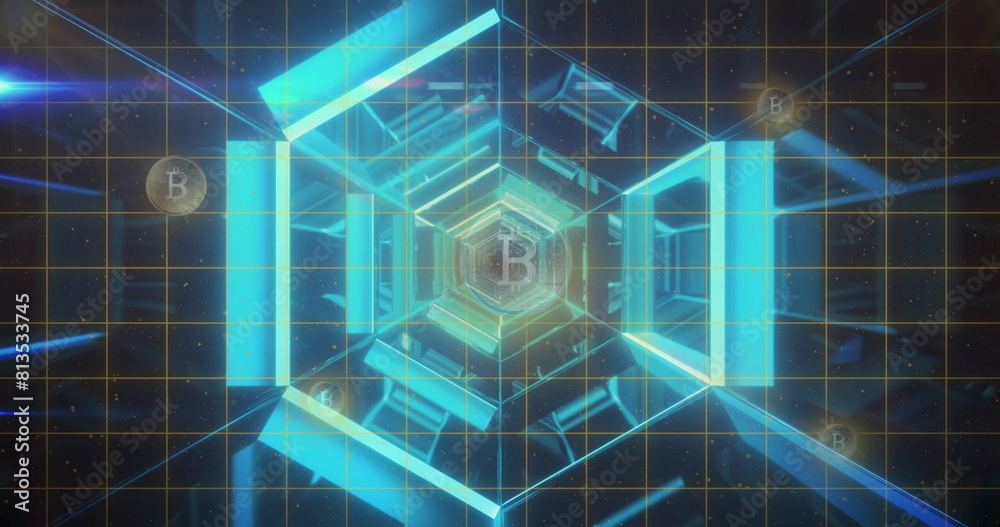 Image of neon lights and bitcoins moving in digital space Image of neon lights and bitcoins moving in digital space