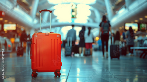 A vibrant red suitcase in an airport, against a blurred background of hurried passengers. The composition highlights the suitcase, evoking a sense of adventure and excitement. Generative AI.