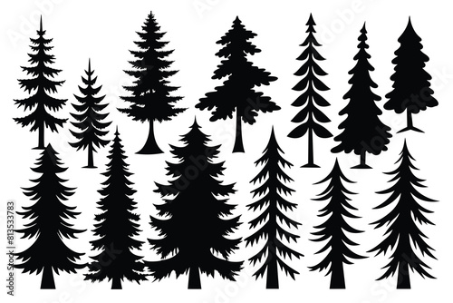 Set of Pine Tree Silhouettes black Silhouette Design with white Background and Vector Illustration on white background