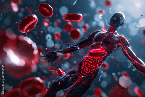 3D illustration mockup of the human organ systems, circulatory, digestive, red and white bloodcells wtih blurred backgroun Medical education concept  photo