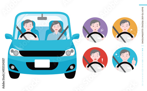 シニアの自動車運転・高齢者運転の運転席メインのイラストとアイコンセット_笑顔・危険・事故など