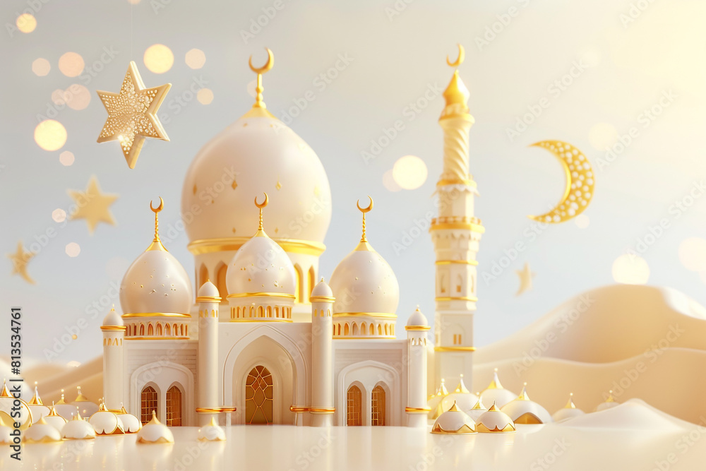 Obraz premium 3d illustration of a mosque with golden moon and stars ornament 