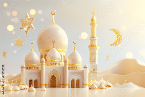 3d illustration of a mosque with golden moon and stars ornament 