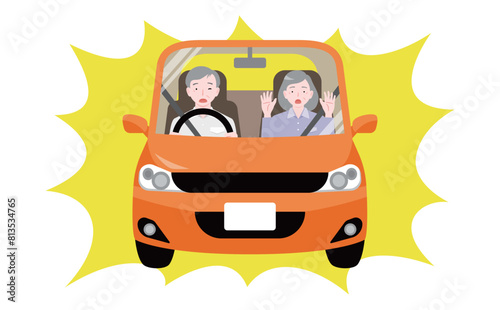 シニア夫婦の乗るオレンジの自動車が危険運転・事故に遭うイラスト_危険な高齢者運転イメージ