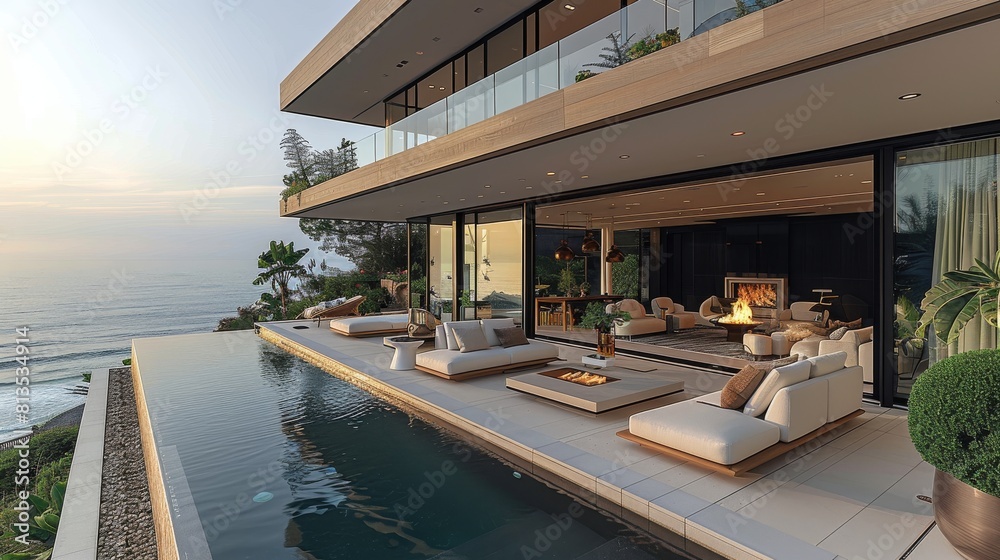 Fototapeta premium Modern luxury mansion with outdoor fireplace overlooking the ocean at sunset, large open living room with white sofa and glass walls looking out to the infinity pool. Generative AI.