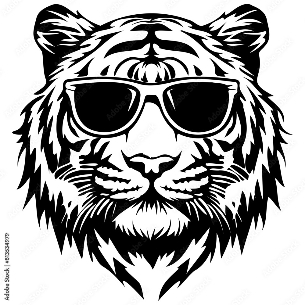 Obraz premium cool Tiger wearing sunglass black silhouette logo svg vector, Tiger icon illustration