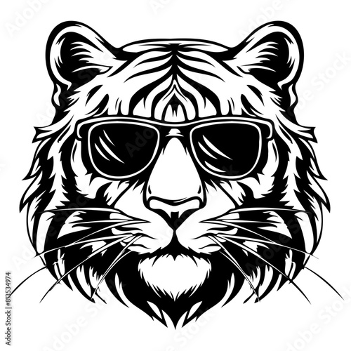 cool Tiger wearing sunglass black silhouette logo svg vector, Tiger icon illustration